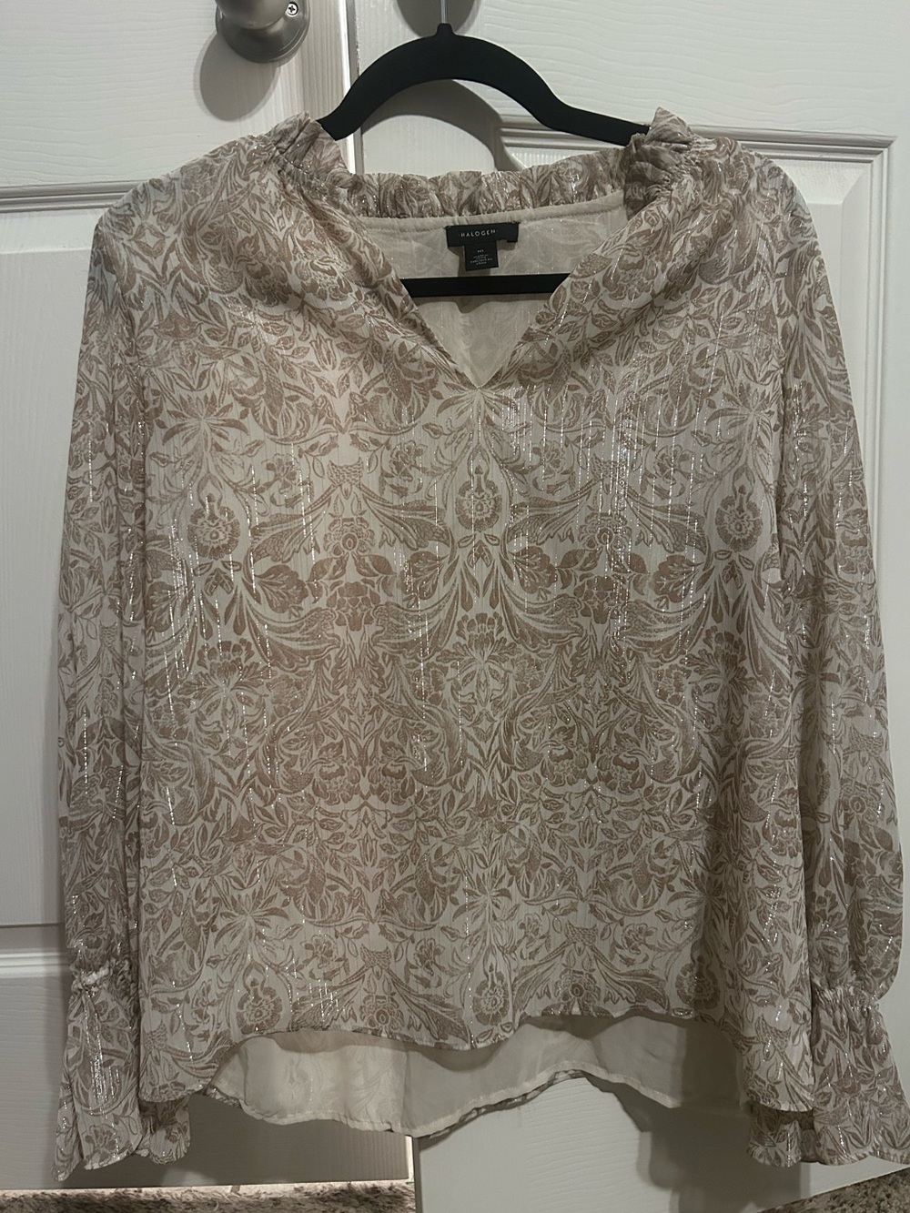 Halogen Women’s M Floral Paisley Blouse Metallic Shimmer Ruffle Neck Long Sleeve